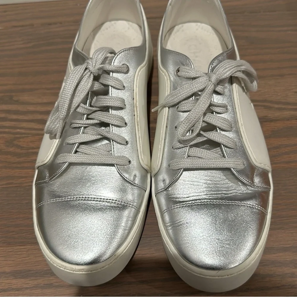 CHANEL Silver and White Reflective Sneakers with Minimalist Design - Picture 8 of 8
